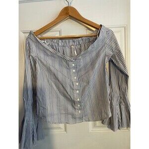 Free People Womens X-Small March to the Beat Blouse Blue White Stripe Cotton